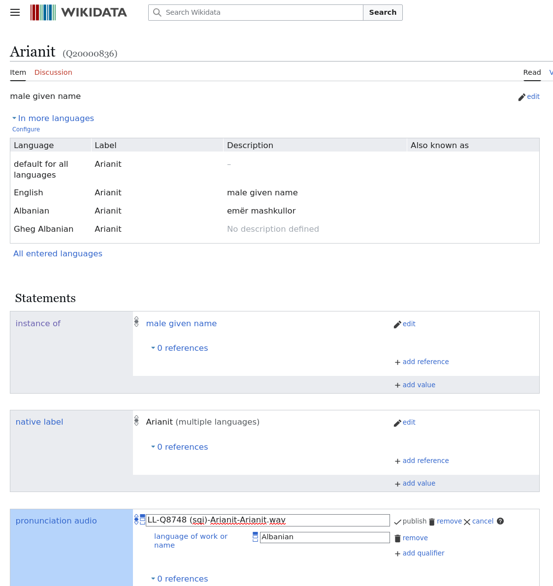 Arianit on Wikidata. Hold on pronouncation audio for now